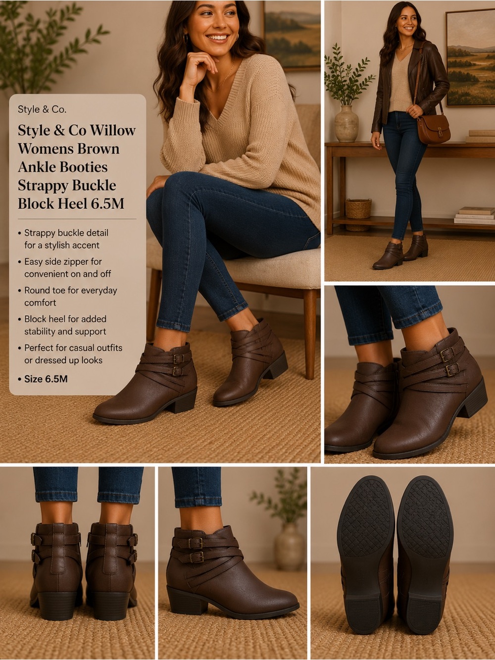 Style & Co Willoww Womens Brown Ankle Booties Strappy Buckle Block Heel 6.5M NEW